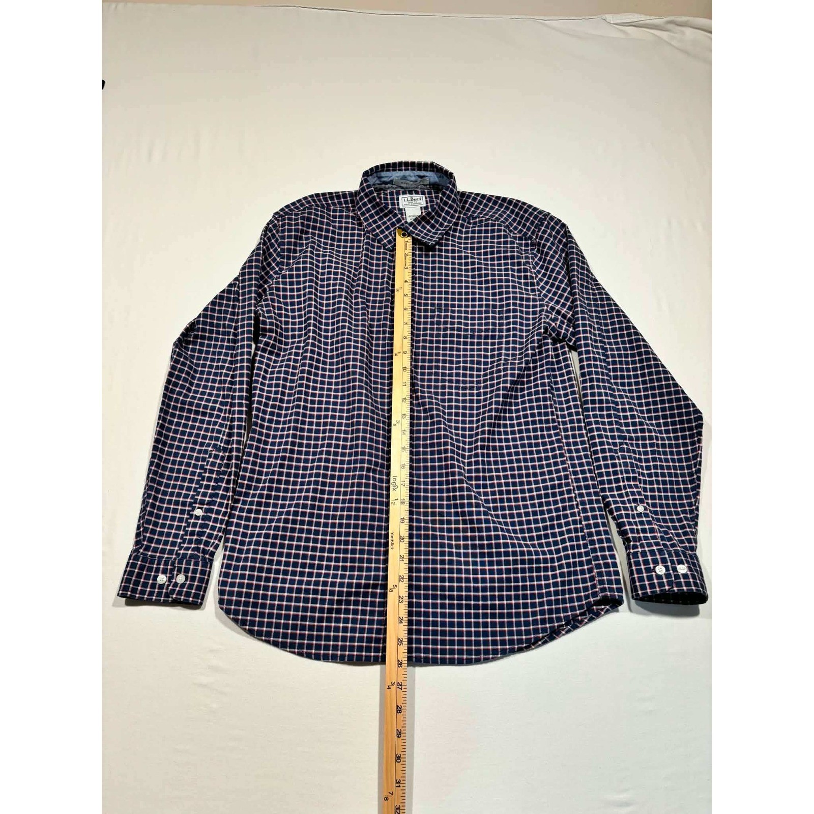 LL Bean Mens Slightly Fitted CoolMax Stretch Grid Check Shirt Navy Red M-REG
