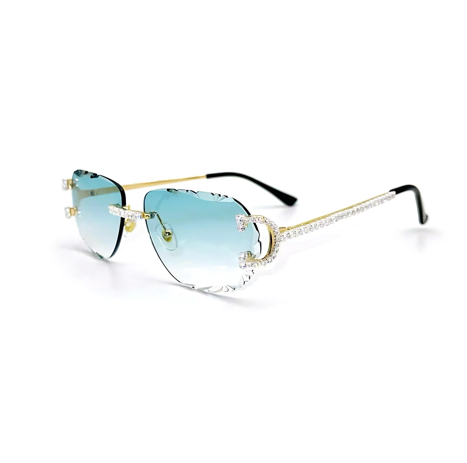 Luxury Rimless Round Cut Sunglasses Green Lens Gold Frame with High-Quality