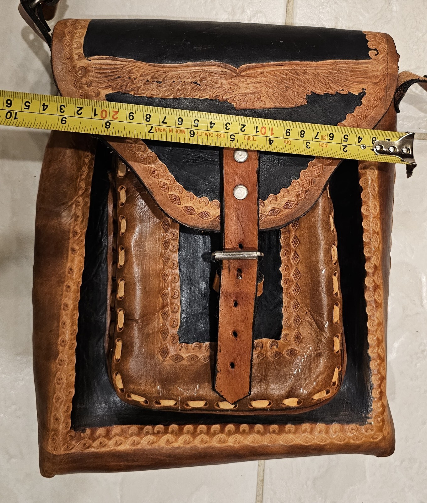 Vintage Hand Tooled Leather Bag Purse Hippie Mexico Crossbody 11″ Aztec Warrior