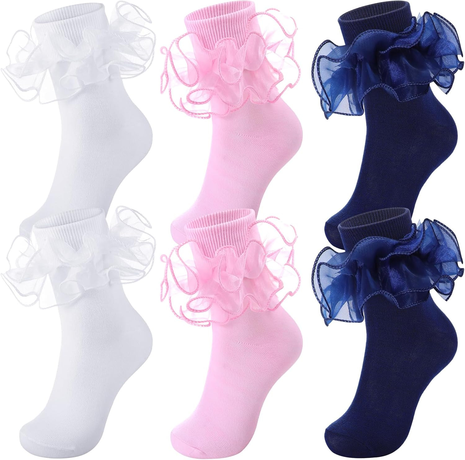 3 Pairs Women Big Ruffle Socks Turn Cuff, Double Lace Ankle Cotton Frilly Socks