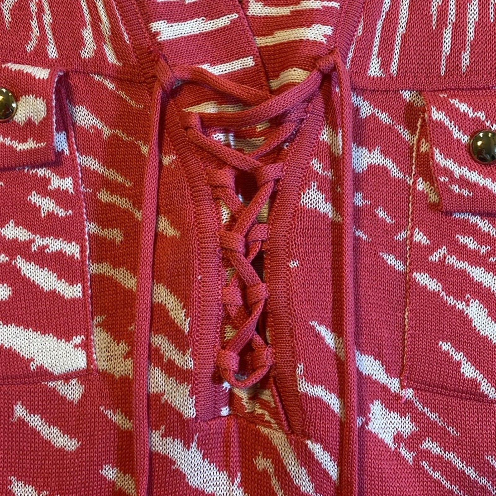 Ming Wang Pink & White Tiger Print Tunic Size XS Lace-up Neckline Resort Mature
