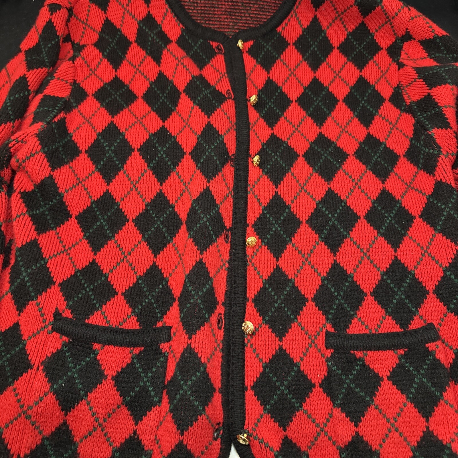 Red Argyle Cardigan Womens Large Black Crystal Gold Button VTG Diamond Sweater