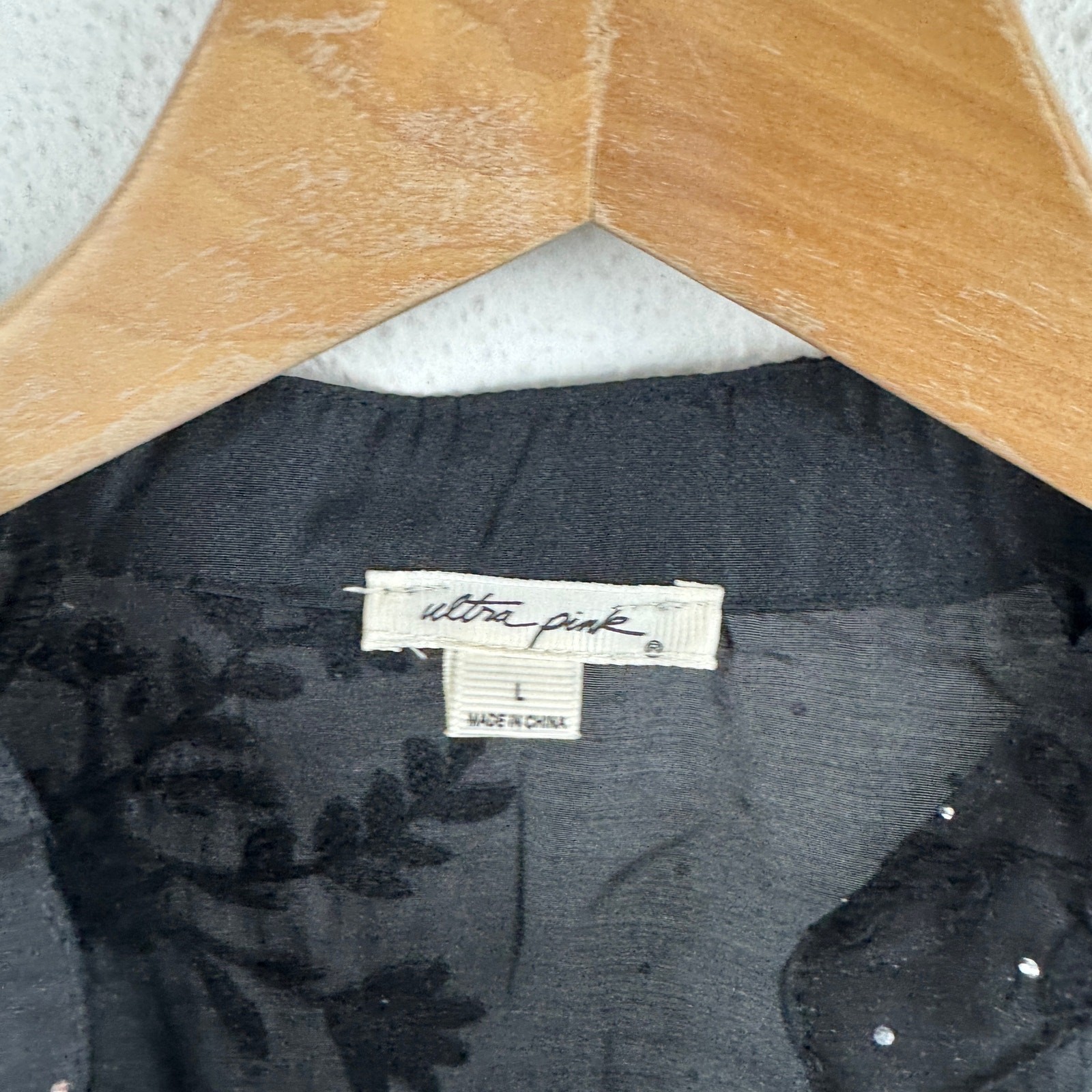 Ultra Pink Black Sheer Embroidered Rhinestone Blouse L Romantic Goth Dark