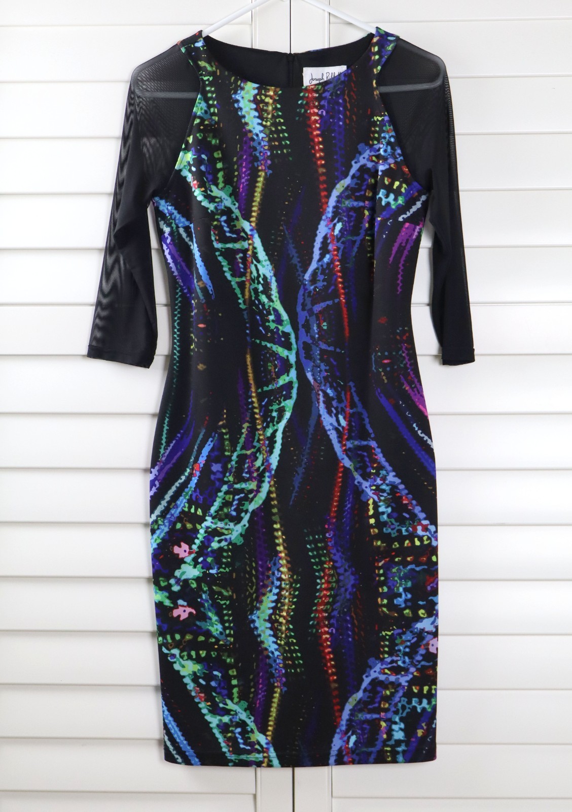JOSEPH RIBKOFF $262 Stretch Sheer Mesh Sleeve Abstract Print Dress Size 8
