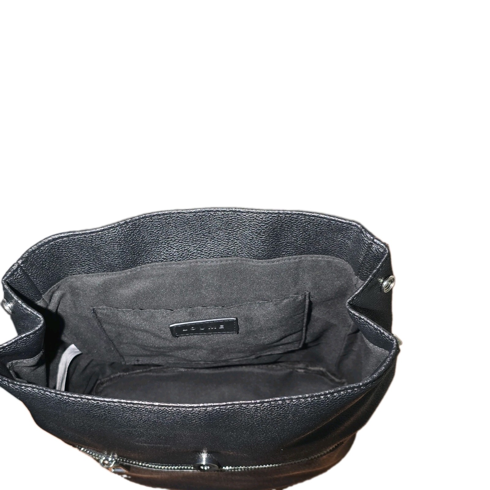 LOUME Black Pebbled Backpack Silver Hardware Front Zip Pocket Magnetic Buckle