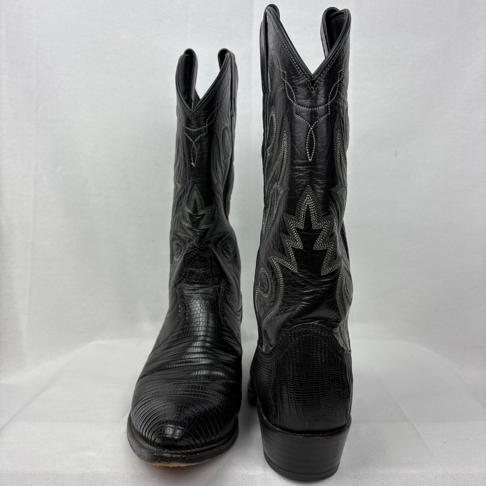 Vintage Dan Post Cowboy Boots Teju Lizard Size 8EW Black Exotic 350J Pointed Toe
