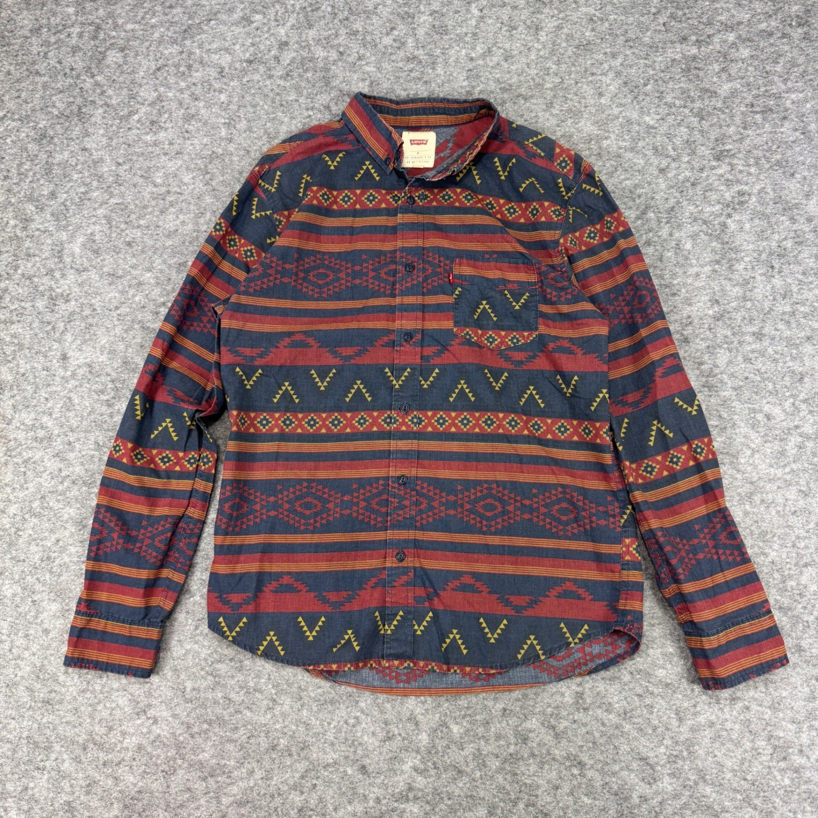 Levis Mens Southwestern Aztec Print Button Down Shirt Blue Red Yellow Medium