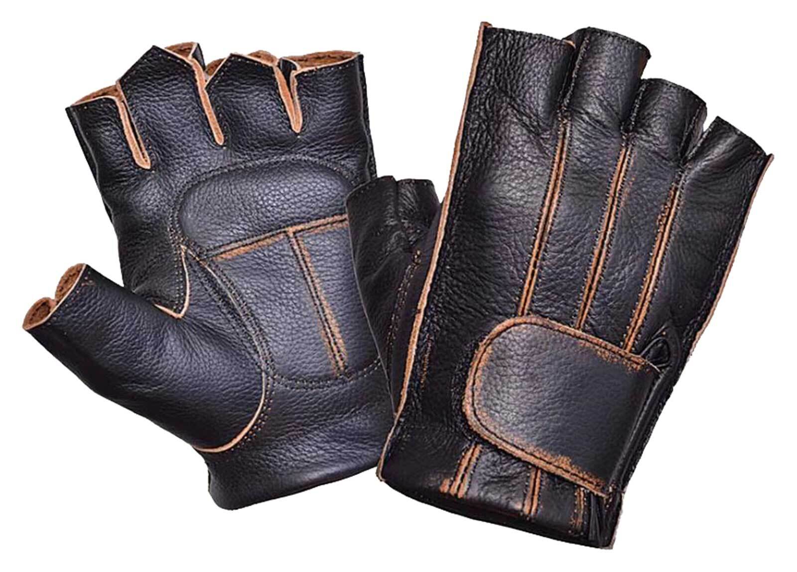 UNIK Men’s Gel Palm Cowhide Leather Fingerless Gloves – Distressed Brown