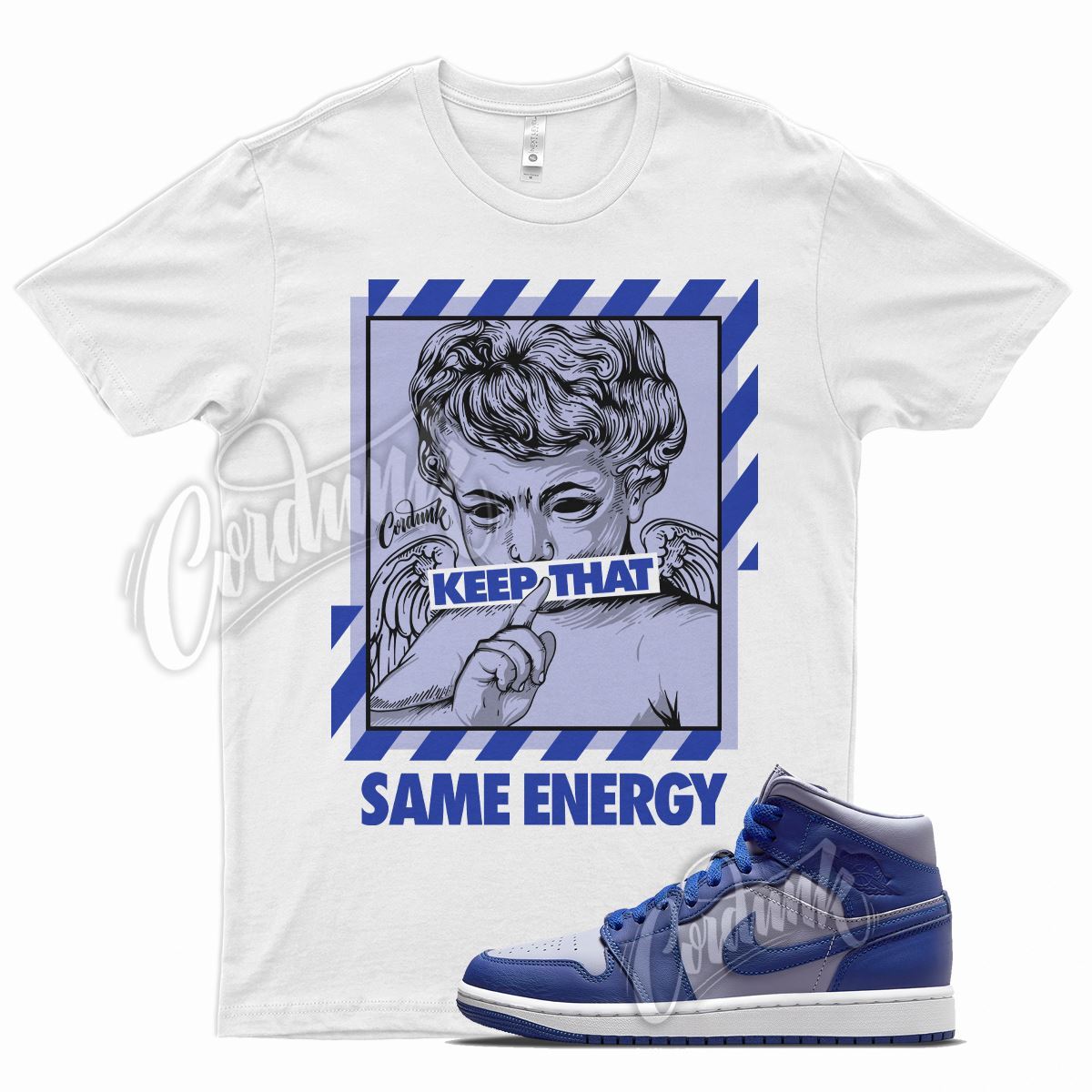 White ENERGY T Shirt for Air J1 Mid Iron Purple Deep Royal Blue Aqua Hyper