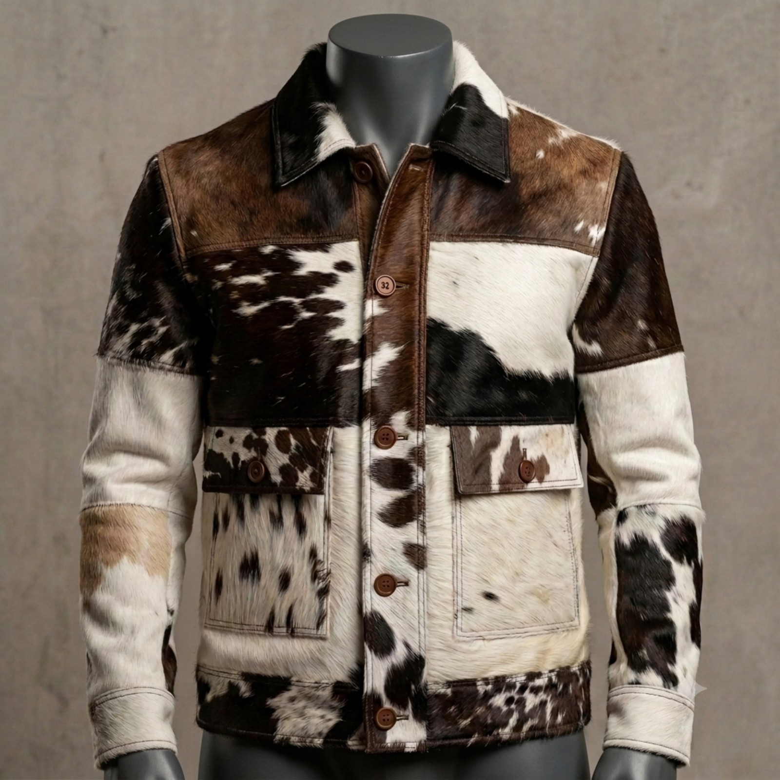 Men’s Brown & White Cowhide Leather Jacket Hair On Hide Western Bomber Jacket Po