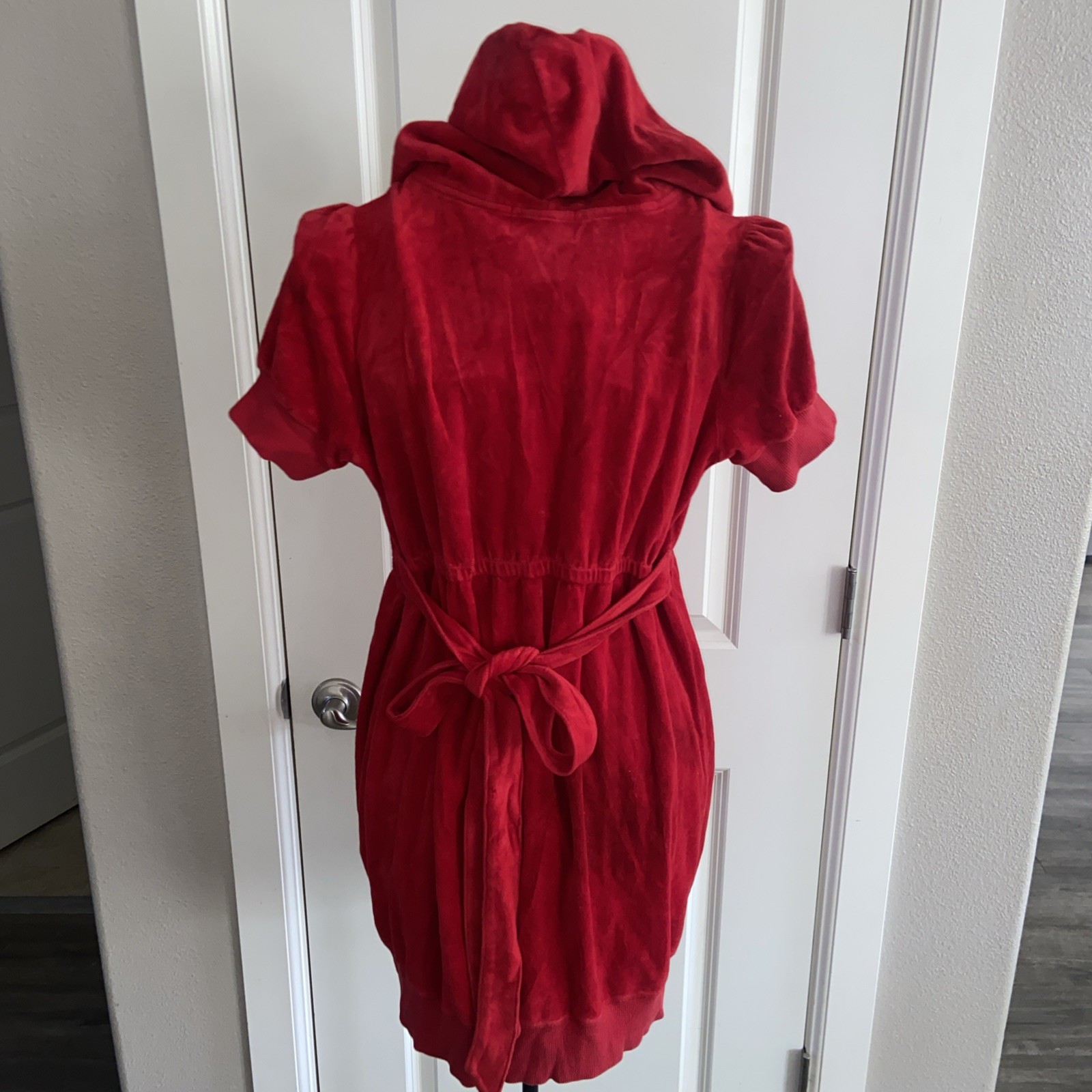 Y2K Juicy Couture Velour Red Hoodie Tunic Tie Bow Waist Long Dress Sz XL RARE