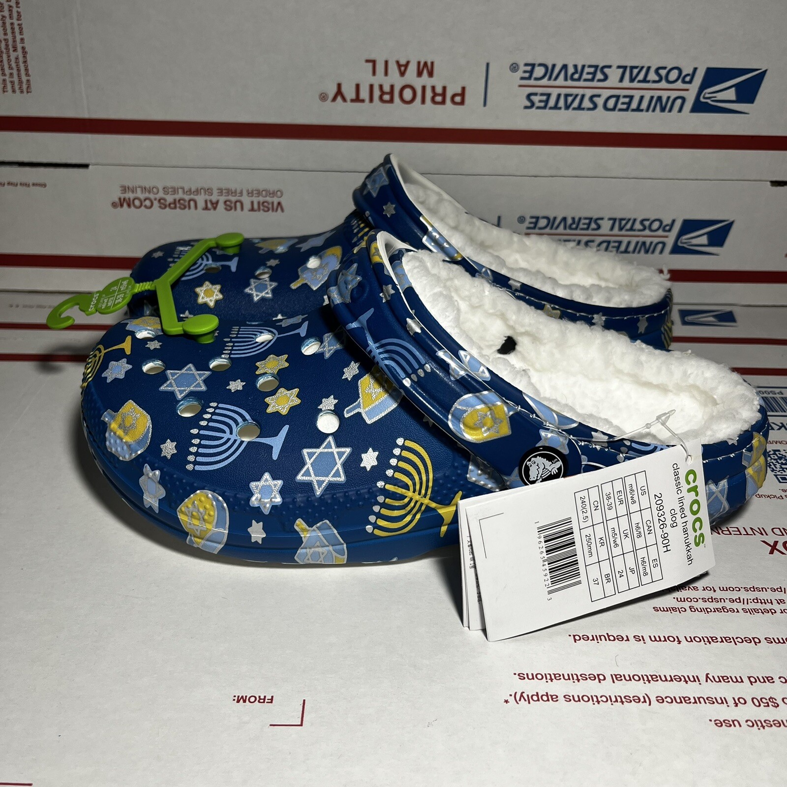 Crocs Classic Lined Holiday Clog Hanukkah Menorah Blue Star Men’s Sz 6 Wms Sz 8
