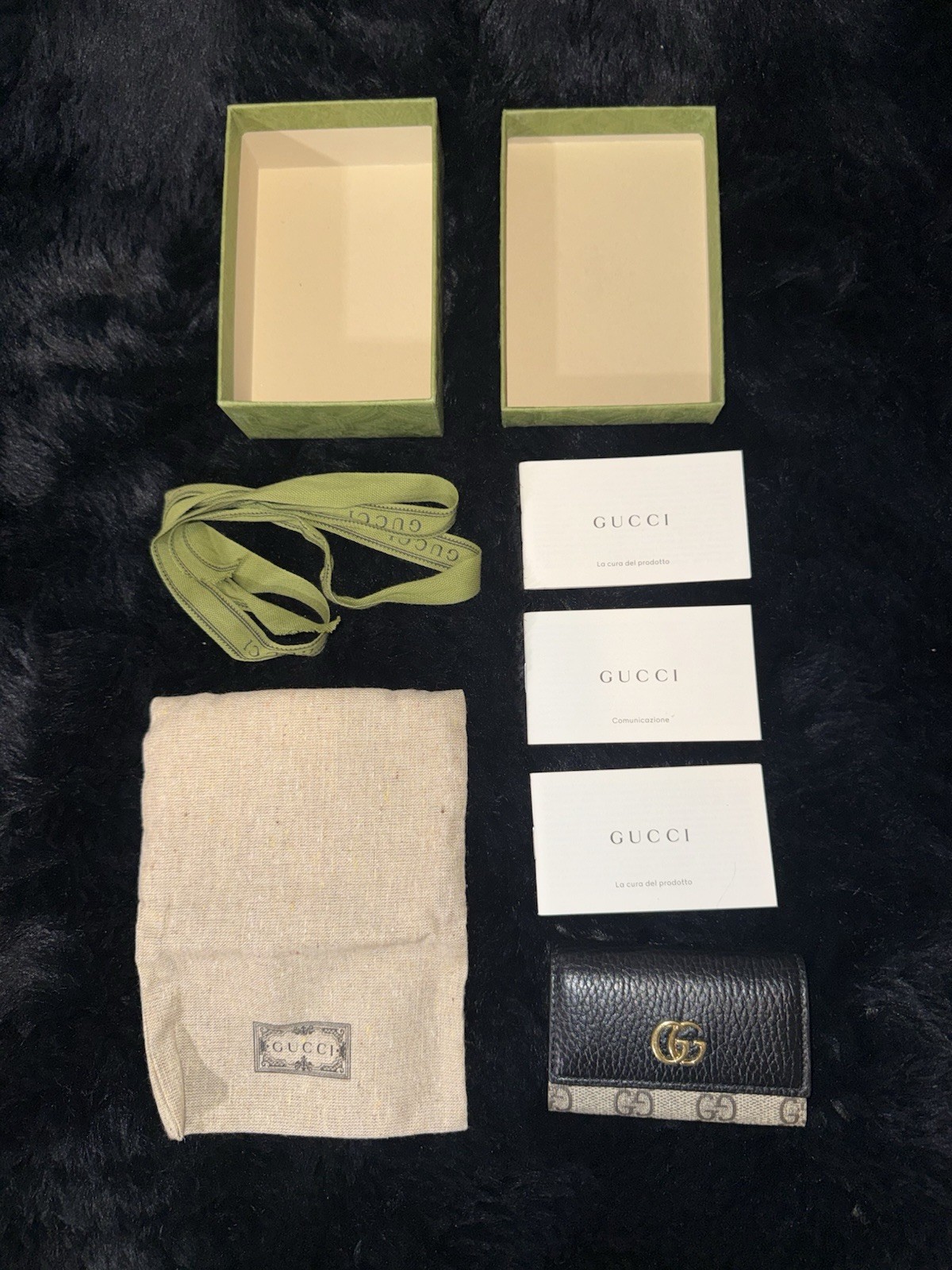 Gucci GG Marmont Key Holder Wallet Black Leather Canvas Gold HW Box