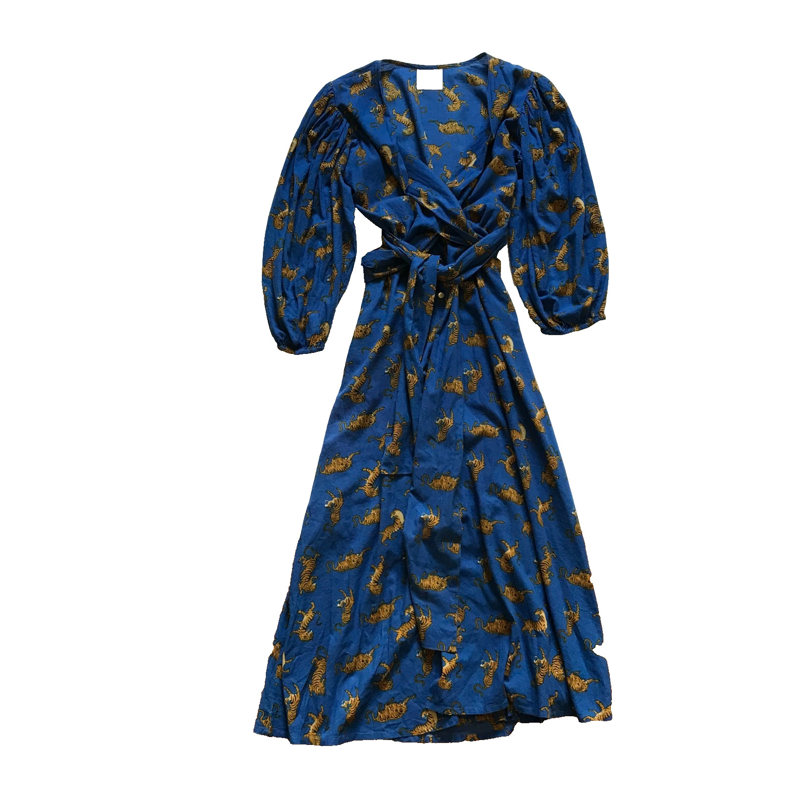 Guadalupe Monica Jungle Tiger Wrap Maxi Dress Womens Medium Blue V-Neck Cotton