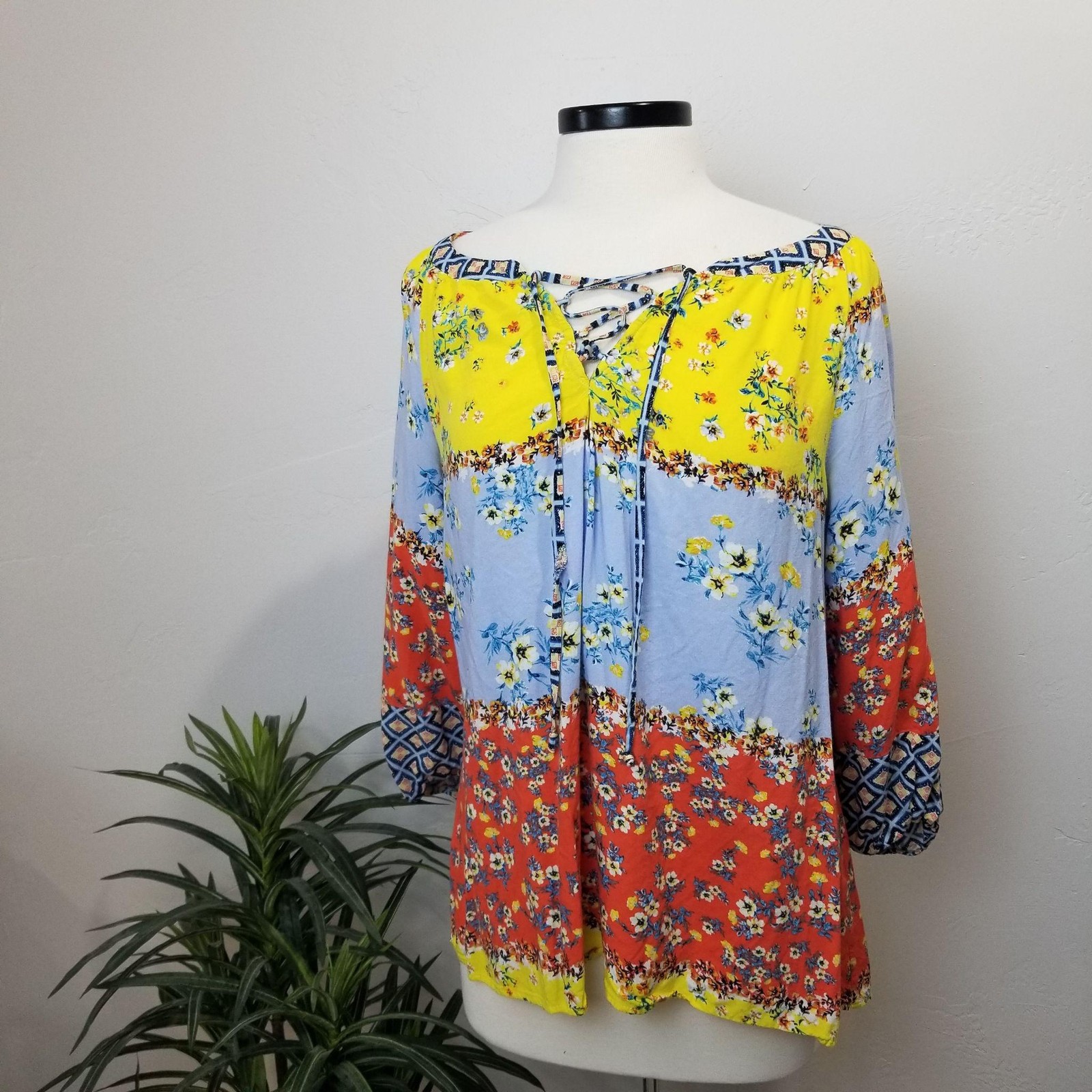 Fig and Flower Blouse Womens XL Multicolor Floral Boho Peasant Rayon Patchwork