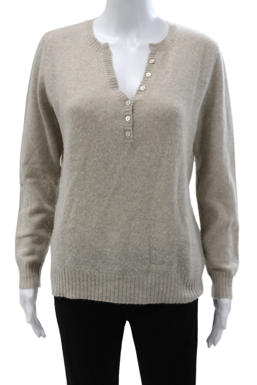 S&C Silk And Cashmere Unisex Henley Cashmere V Neck Beige Pullover Size L