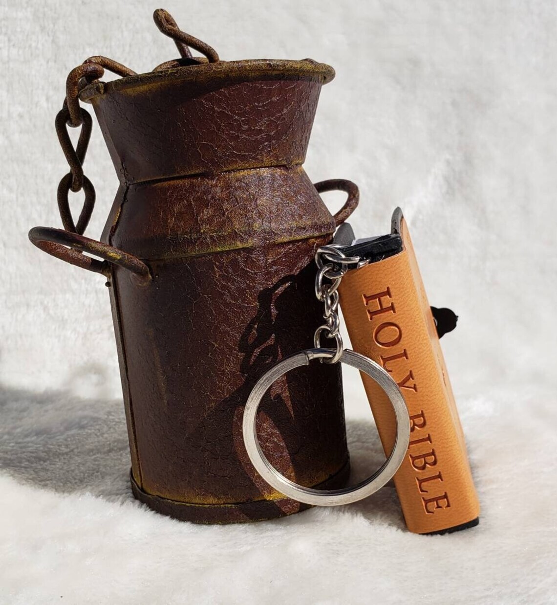 Leather Mini Bible Keychain, Orange Cover w/ Keyring, Jesus, Church, Christian