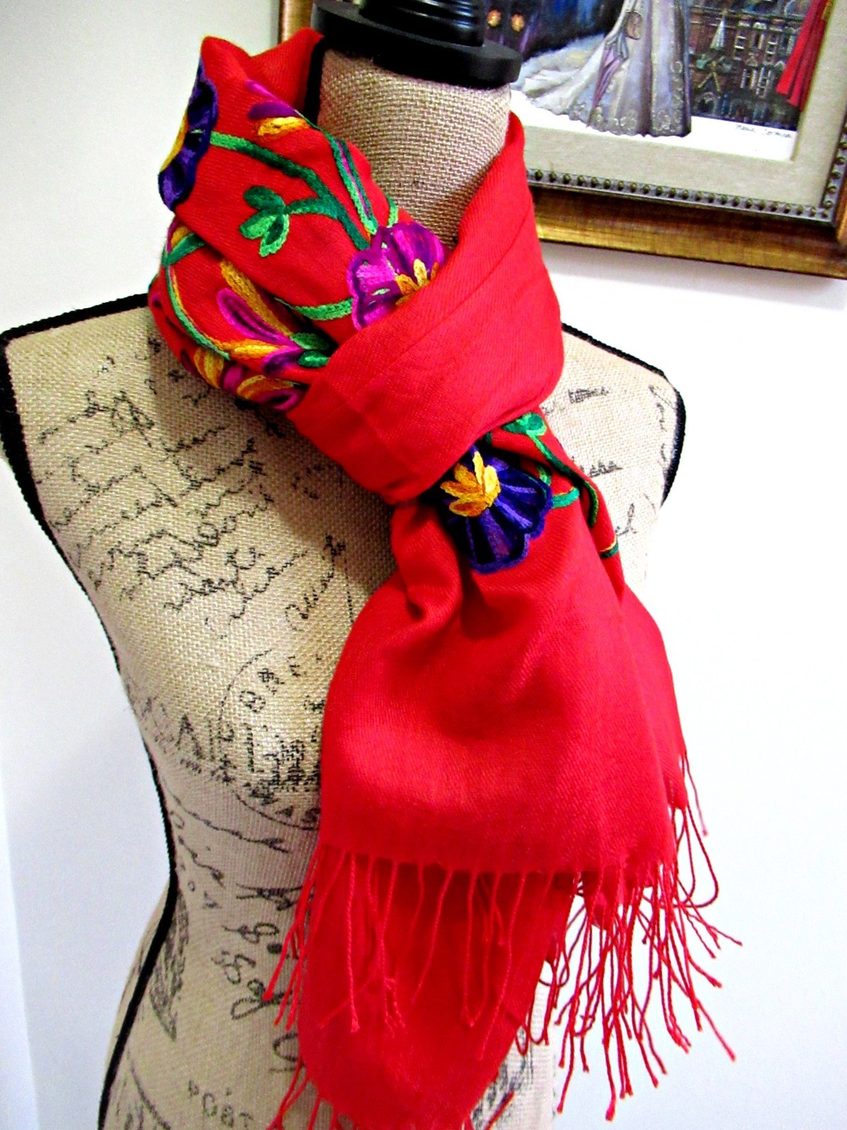 MEXICAN EMBROIDERED SOFT FRINGED SHAWL REBOZO WRAP 76 X 28 – MADE in MEXICO