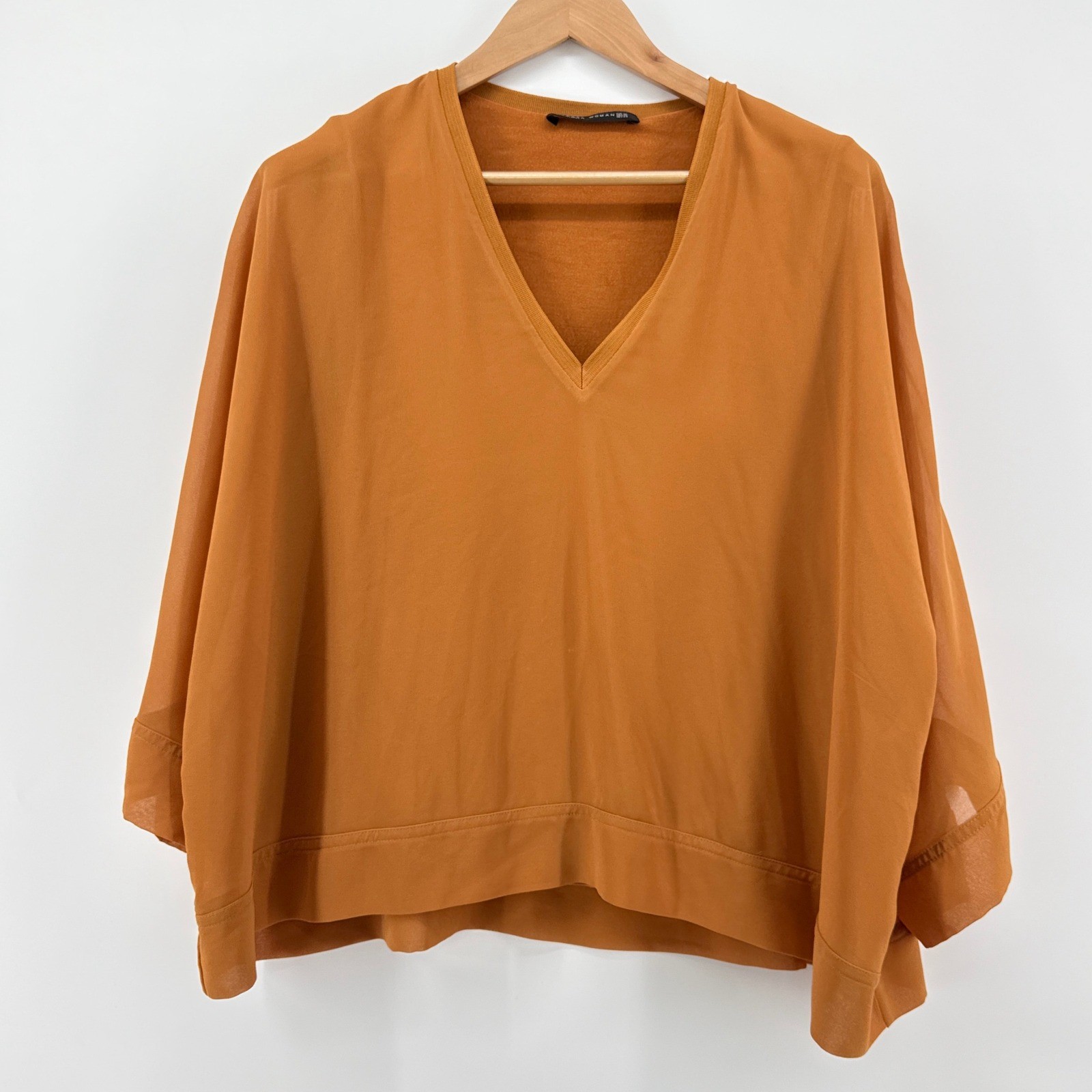 ZARA WOMAN Rust Color V-Neck Batwing Sleeve Oversized Top XL Sheer w/ Lining