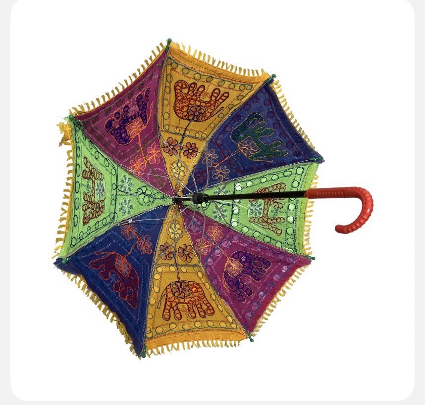 Smedium Cloth Umbrella Parasol Elephants Stitched Thread Multicolored Pattern