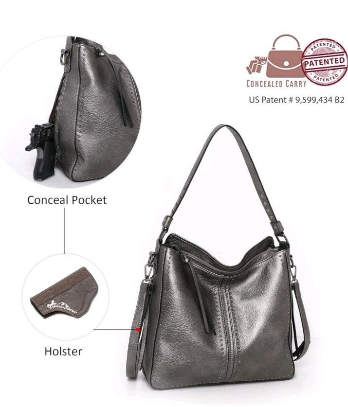 NWT Montana West Concealed Carry Hobo Purse in Pewter, w/ Holster, Ambidextrous
