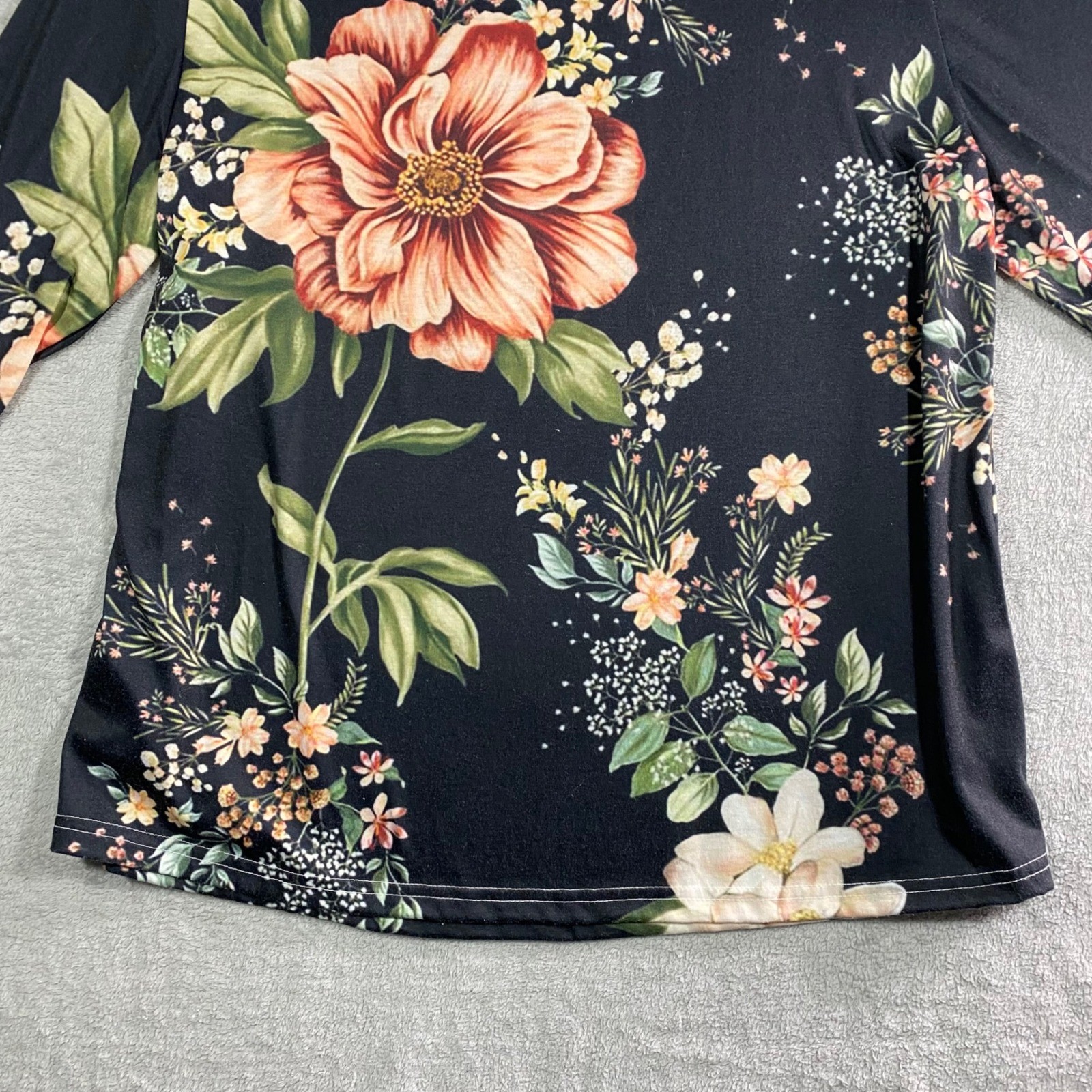 Lightweight Women Black Floral Long Sleeve Botanical Print Crew Neck Top Large