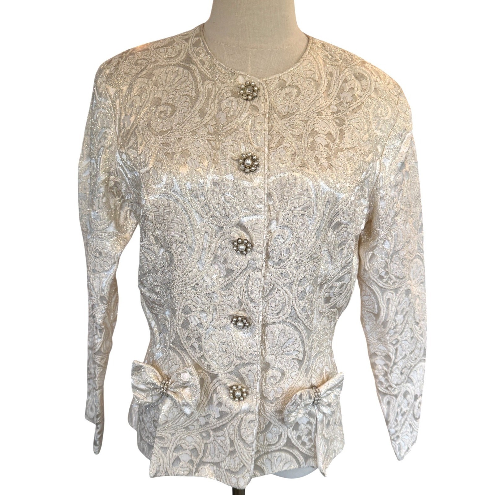 Patra Vintage Metallic Brocade Evening Jacket Pearl Button Bow Detail Ivory 12