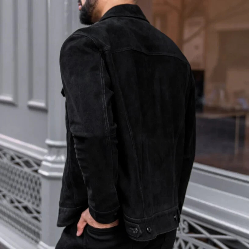 Men’s Black Suede Leather Jacket Trucker Classic Vintage Durable Coat Jacket