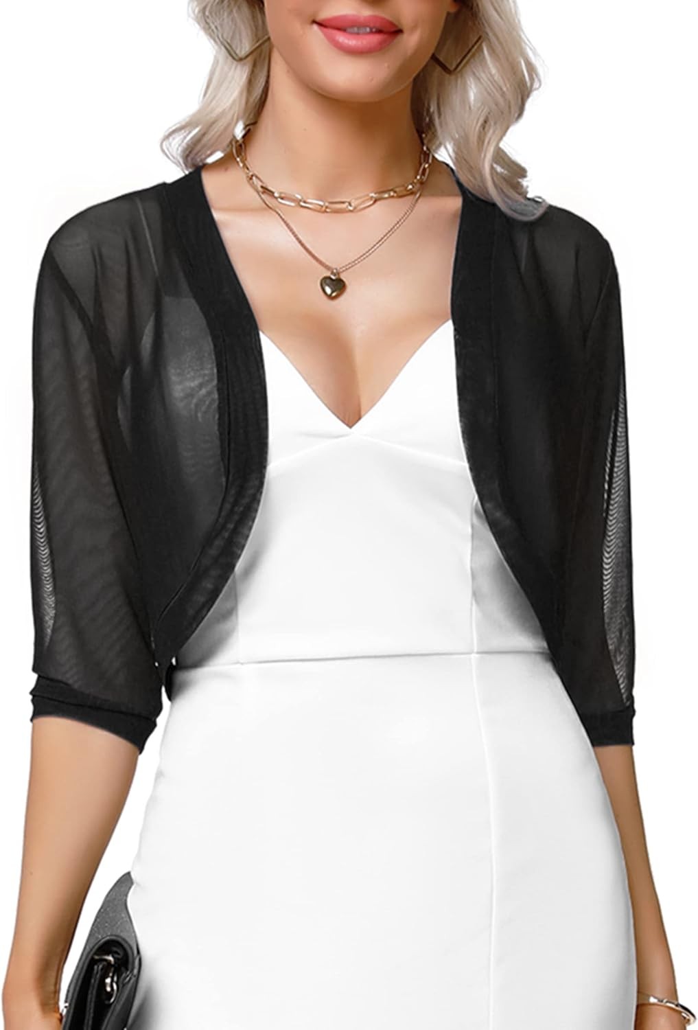 Womens 3/4 Sleeve Sheer Shrug Open Front Mesh Bolero Cropped Cardigan S-XXL