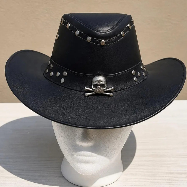 Handmade Black Leather Western Hat With Skull Studded Steampunk Cosplay Festival