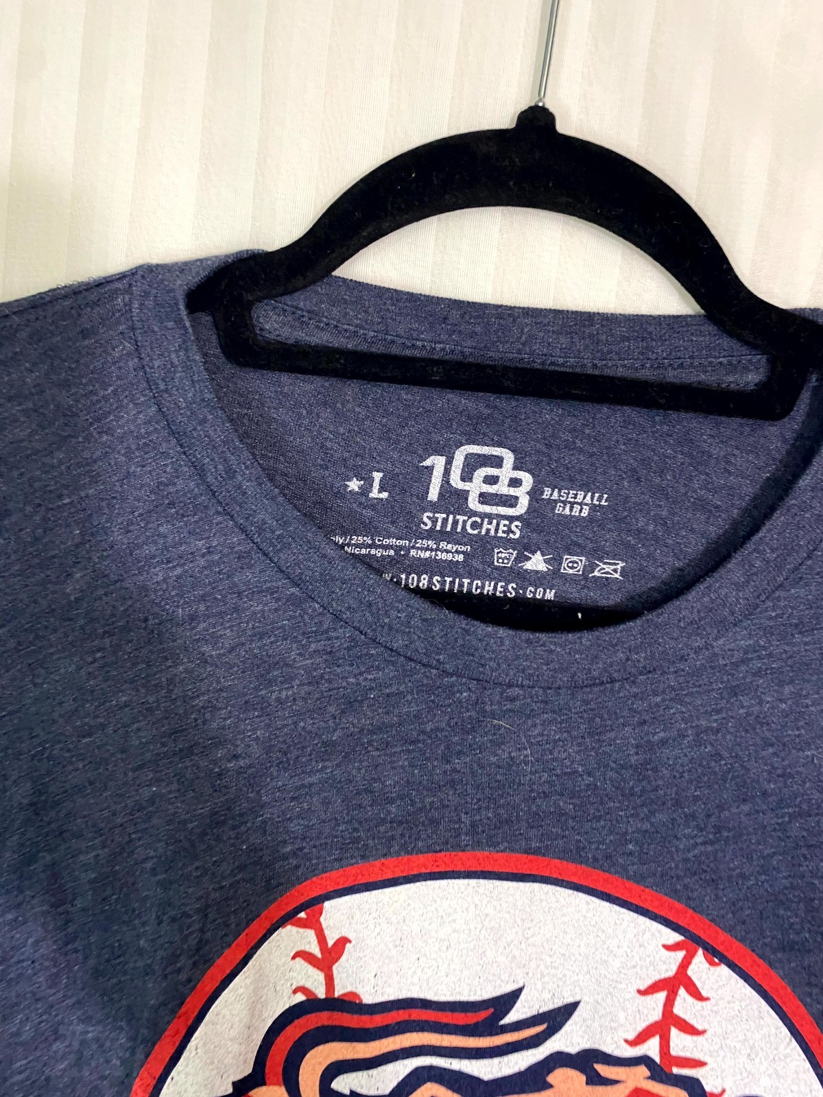 108 Stitches Baseball T-Shirt Large Navy Graphic Mascot Logo Tee Short Sleeve
