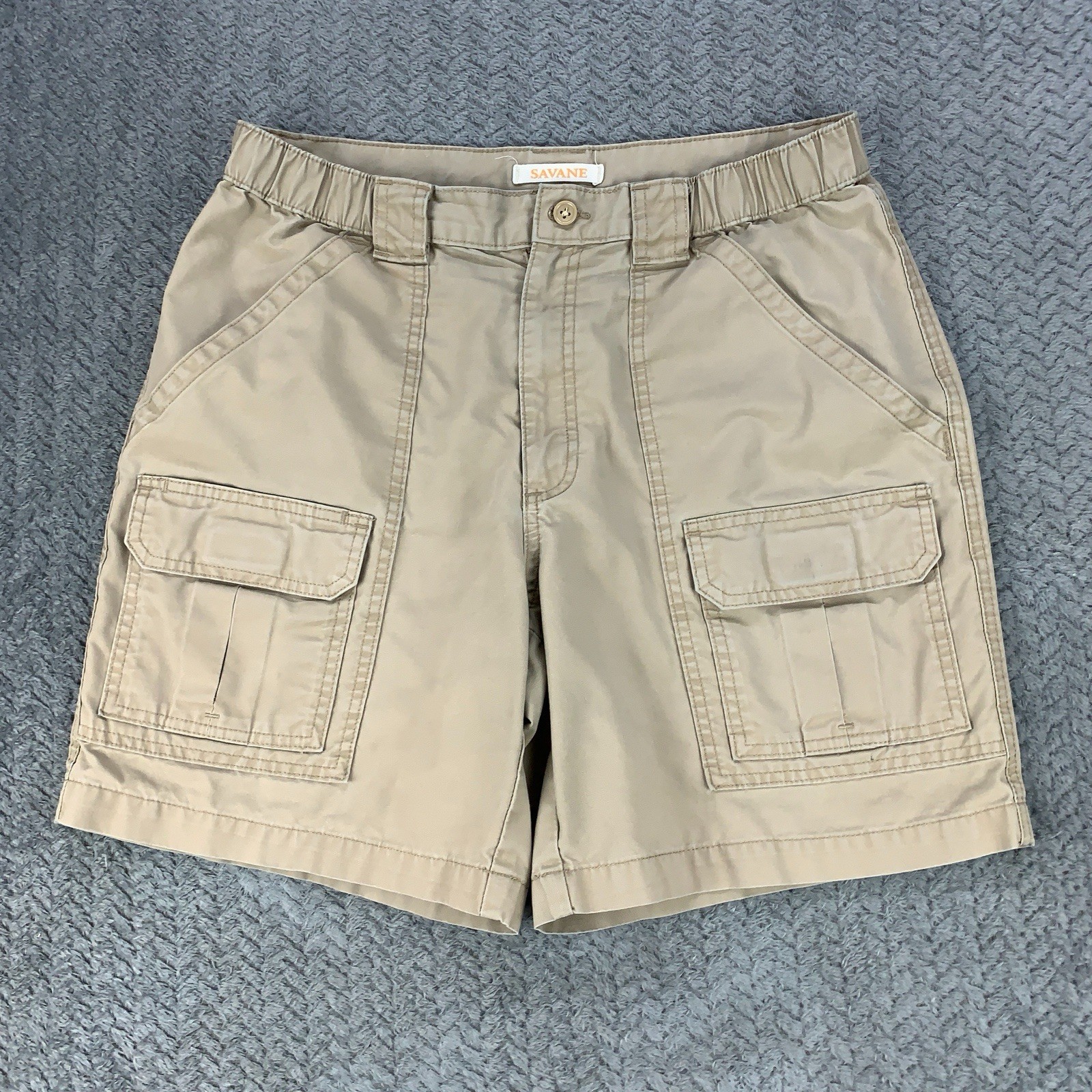 Savane Safari Cargo Shorts Mens Size 30 Beige Khaki Canvas Elastic Waist