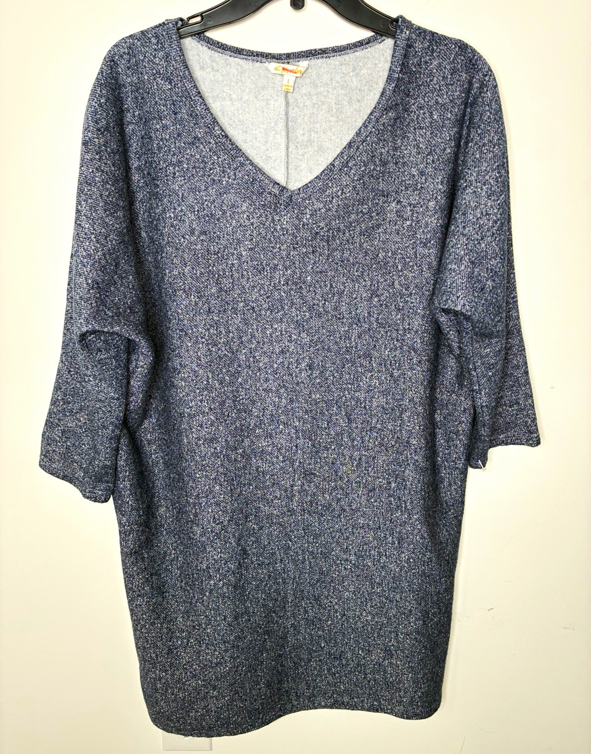 All For Color Women’s Blue Knit V-Neck 3/4 Sleeve Pullover Sweater Dress Sz L