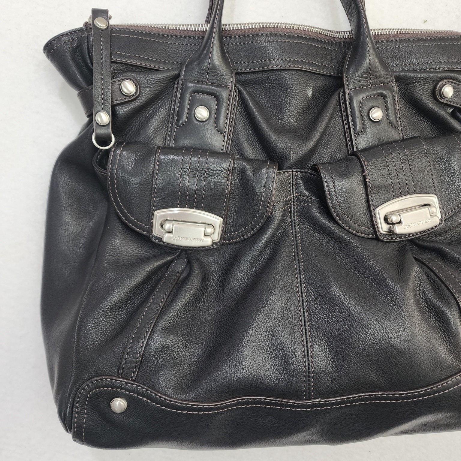 B. Makowsky Satchel Handbag Womens Black Leather Zip Pocket Silver Hardware