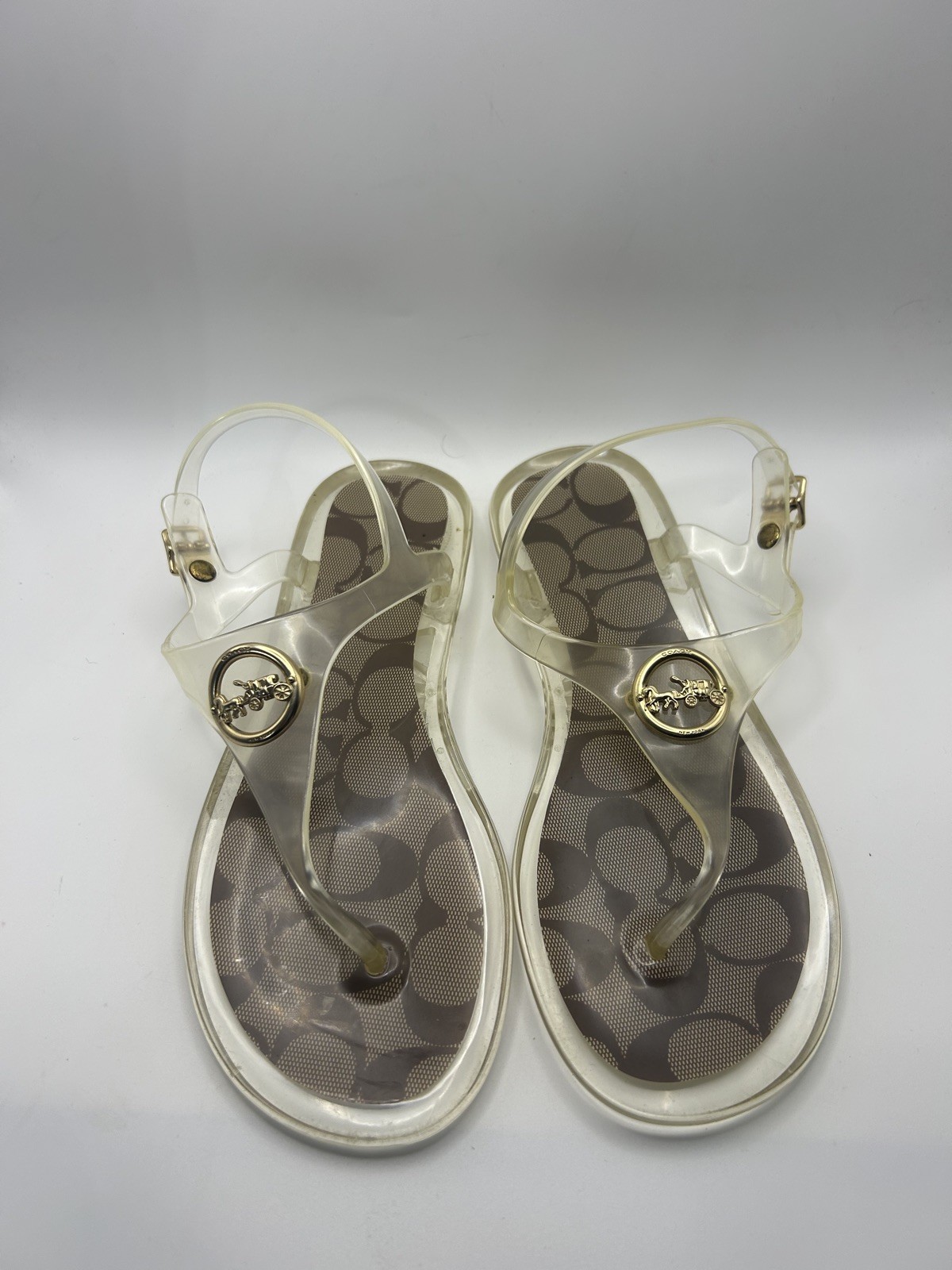 COACH Natalee Jelly Thong Sandals Clear Rubber Gold Accents Womens Size 7