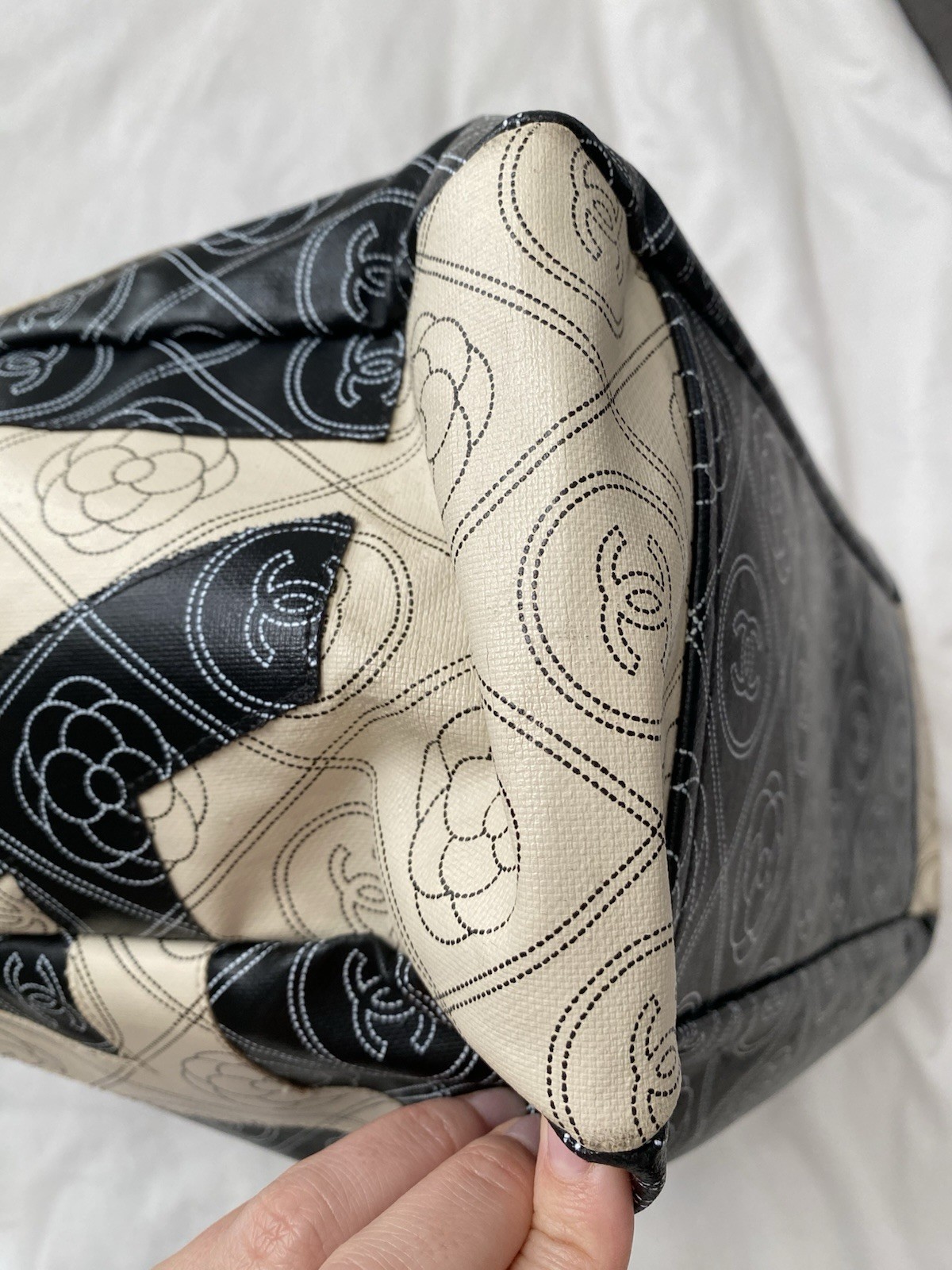CHANEL Large Deauville Camellia Shopping Coated Canvas Tote Bag Black Beige✨