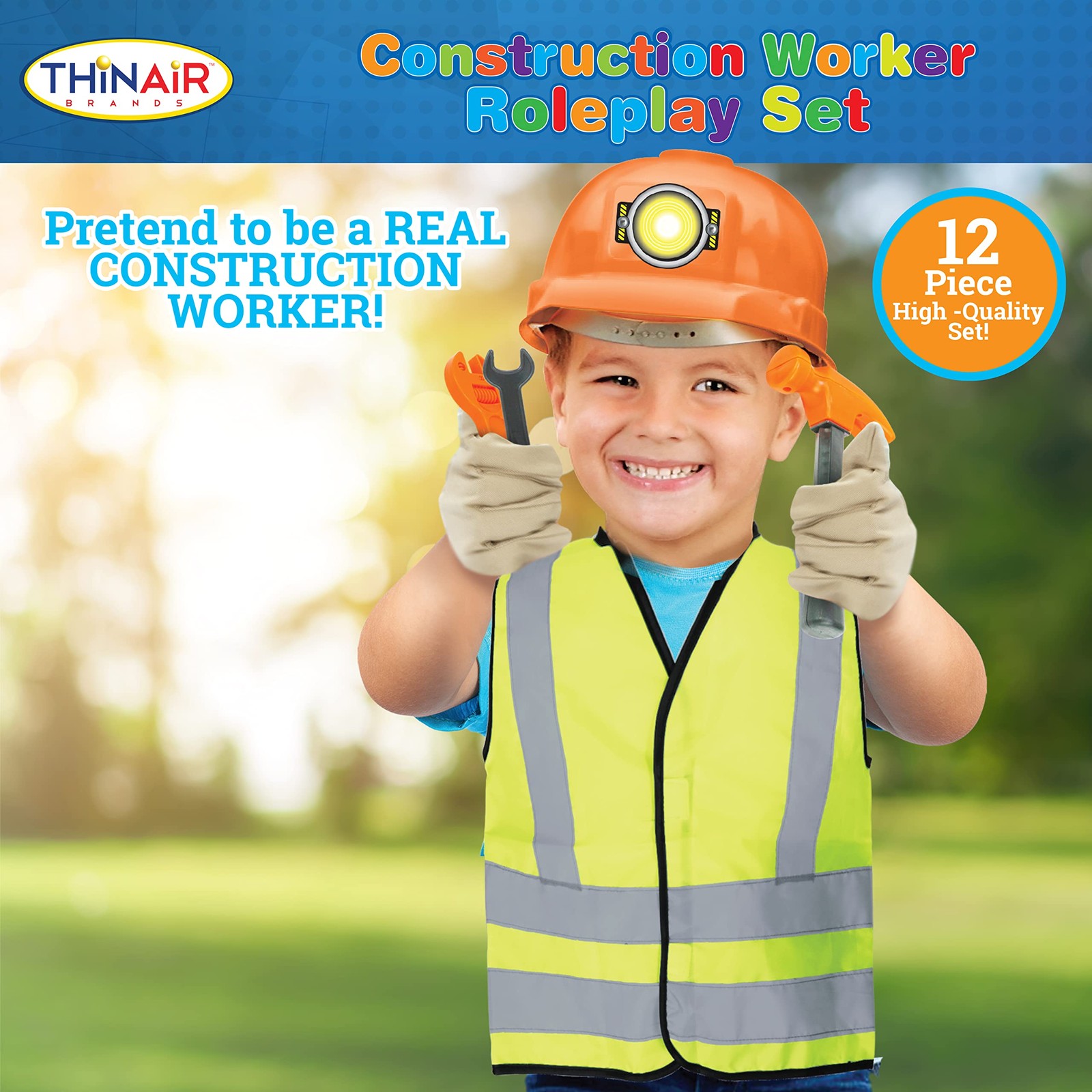 Construction Worker Roleplay Costume Set with Hat, Tools, Tool Belt, Gloves, …