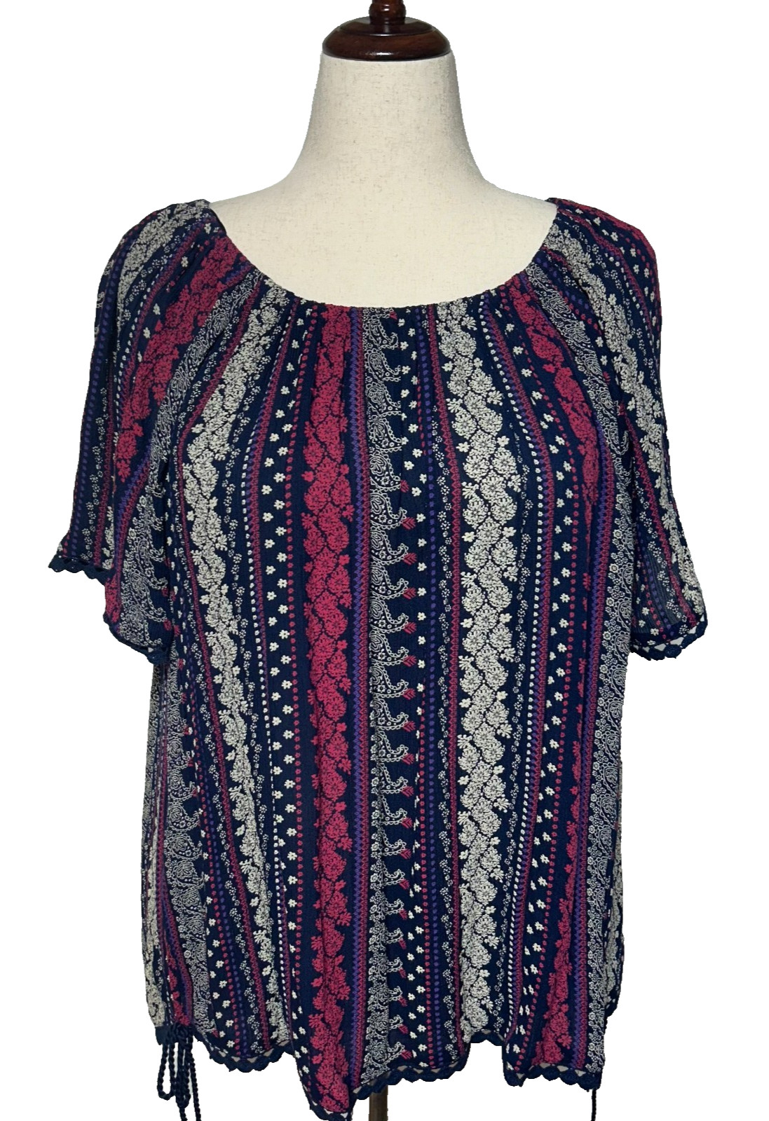 Westport Top Womens 2X Red Blue Floral Paisley Lace Trim Peasant Boho NWT