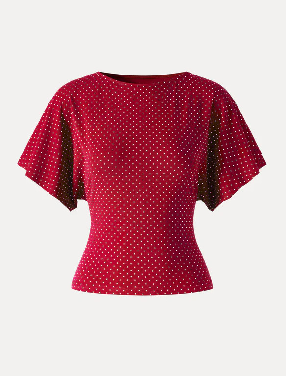 Soft Stretch Cotton Boatneck Flutter Sleeves Polka Dot Top Limited Edition, Red