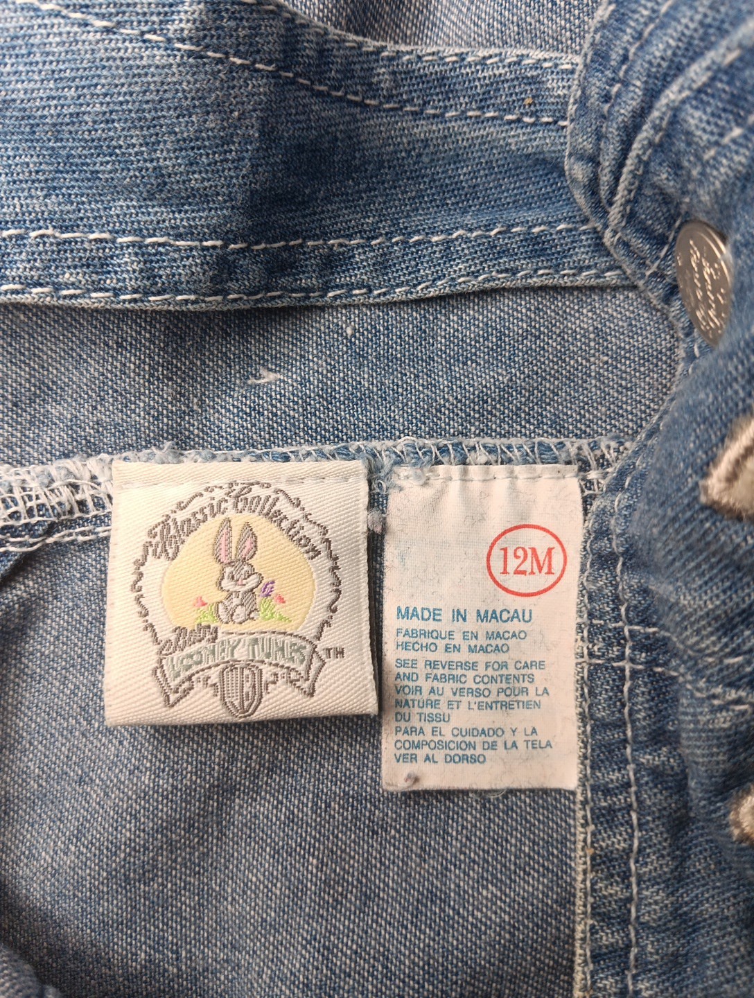 Looney Tunes Bugs Bunny Denim Overalls Baby 12M Girl Boy Vtg 90s 3D Jean Snap