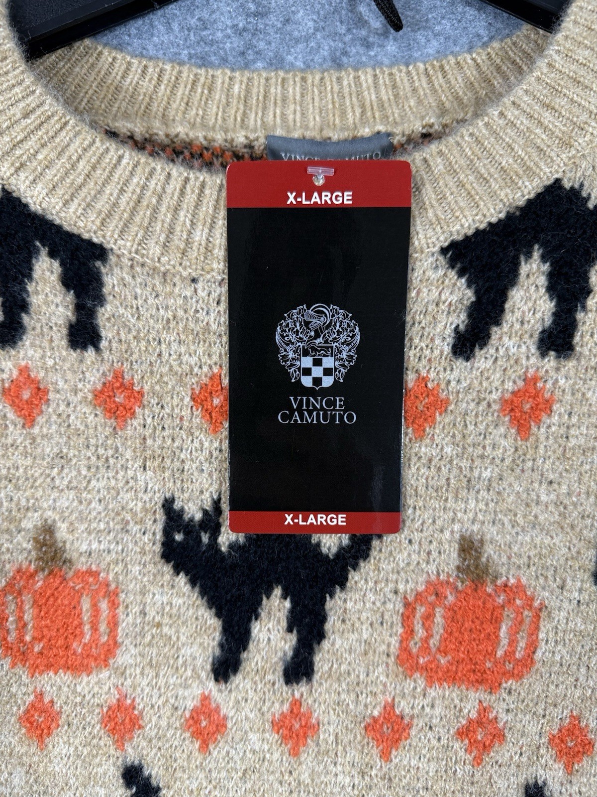 Vince Camuto Pullover Halloween Sweater Womens XL Beige Tan Knit Crew Neck NWT