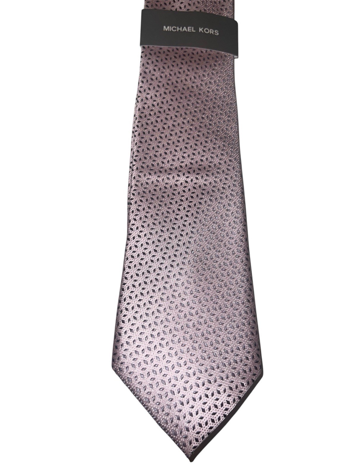 NWT Michael Kors Classic Tie Pink W/Grey Design width 3 1/8″ 100% Silk MSRP $65