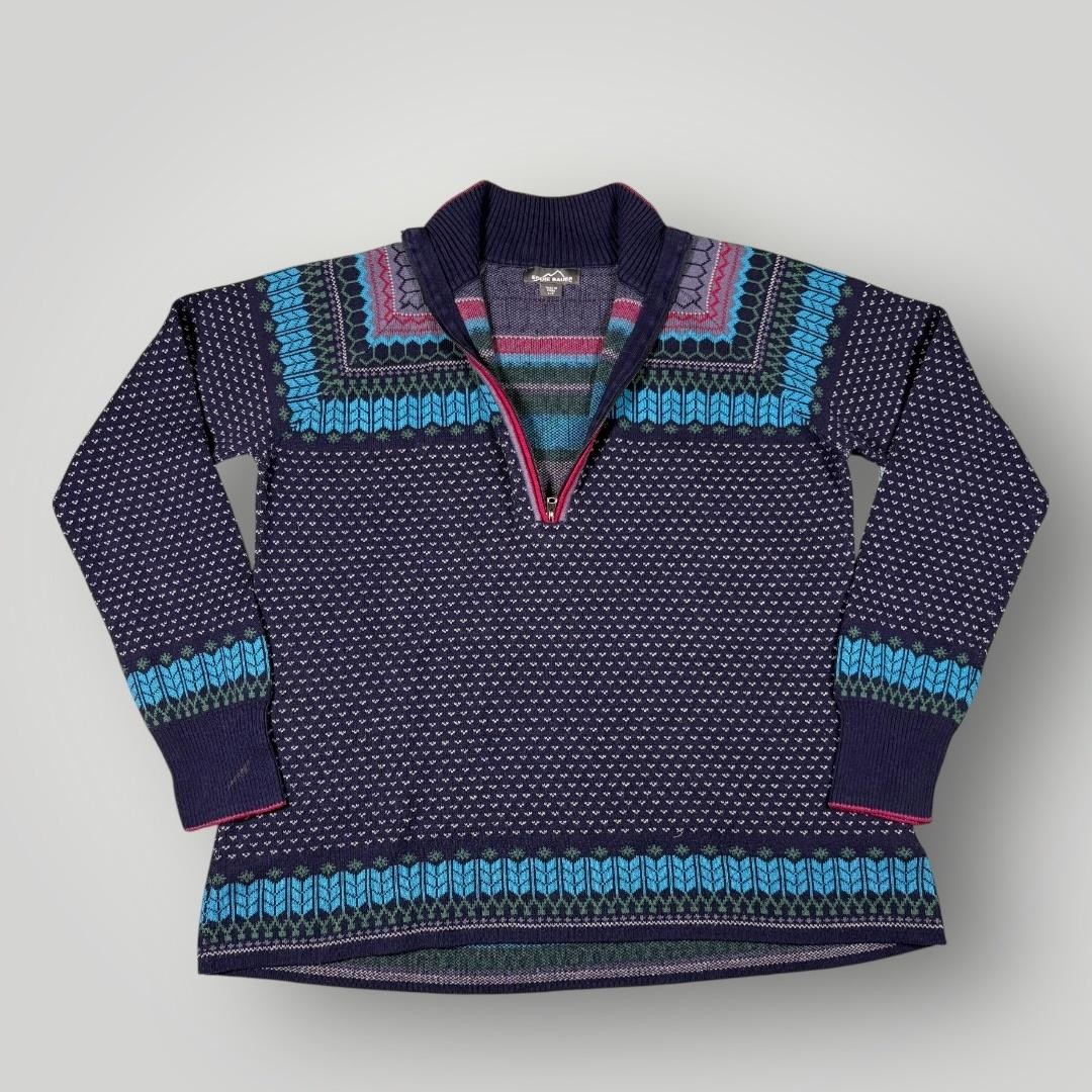 Eddie Bauer Sweater Tunic Womens Large Blue Fair Isle 1/4 Zip Mock Neck Knit