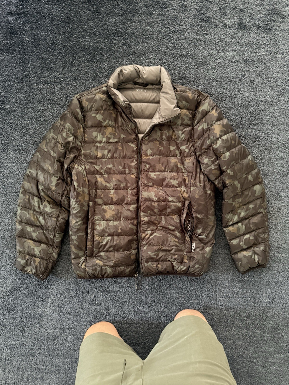 TUMI Men’s Camo Quilted Down Puffer Jacket Full Zip Stand Collar Size M