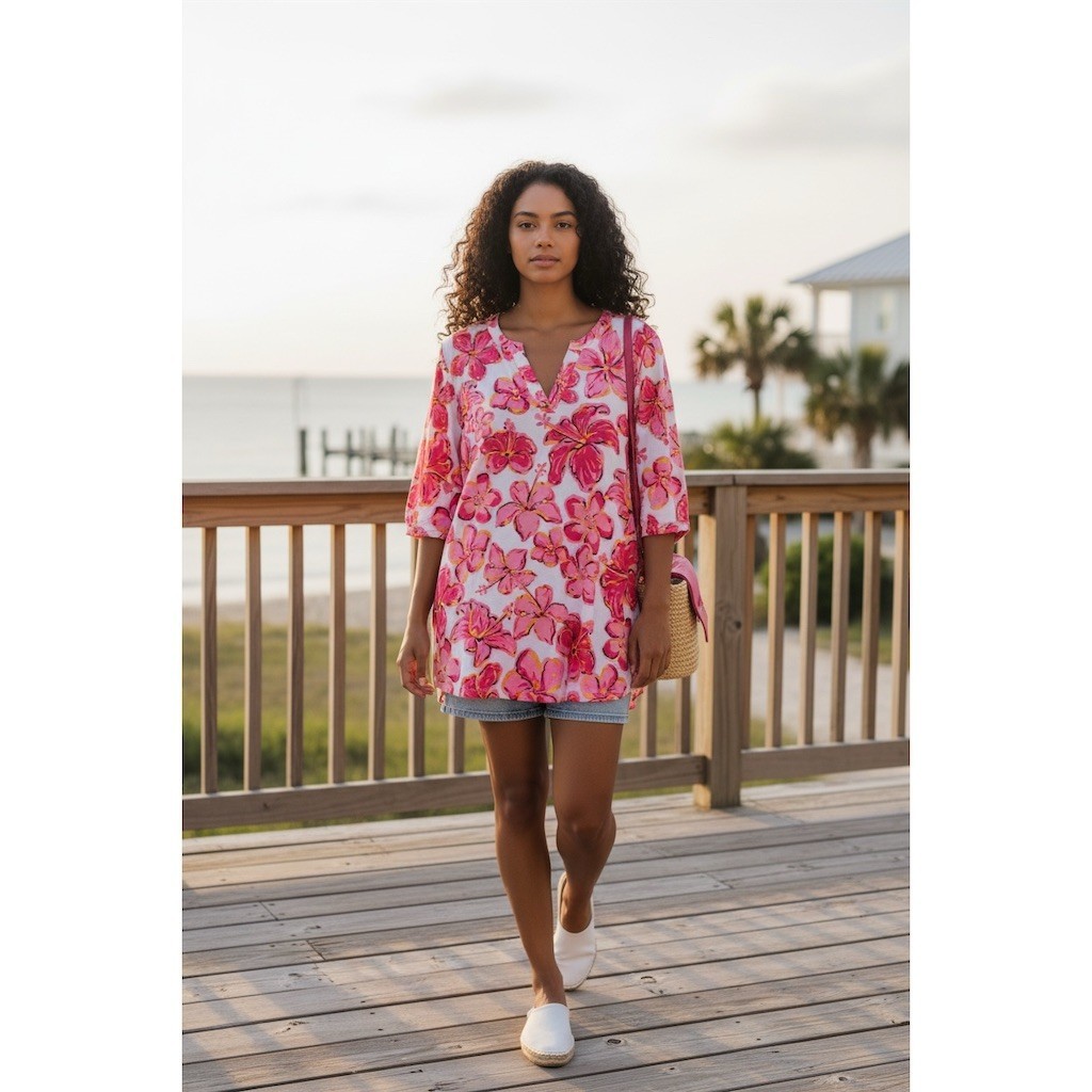 Simply Southern Dress Women S Pink White Floral V-Neck Tunic Shift resort cruise