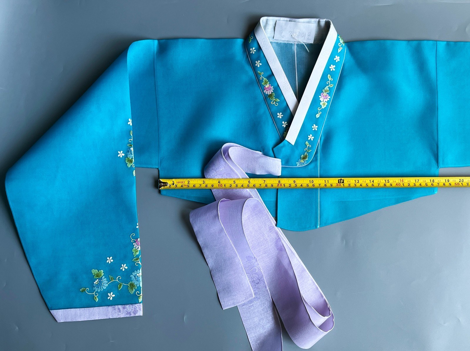 M Silk Traditional Korean Hanbok Set–Turquoise Blue Top/ Skirt with Floral Print