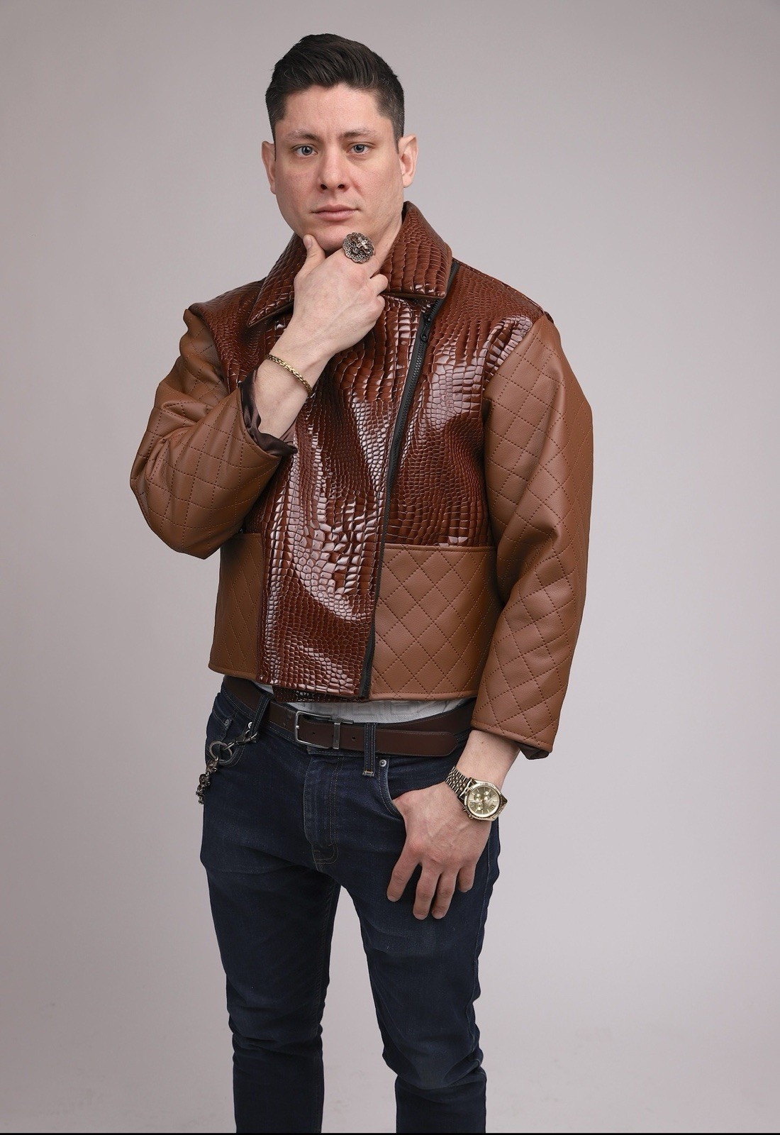 Men’s Brown Leather Quilted Biker Jacket Zip Front Spread Collar Short Sz S