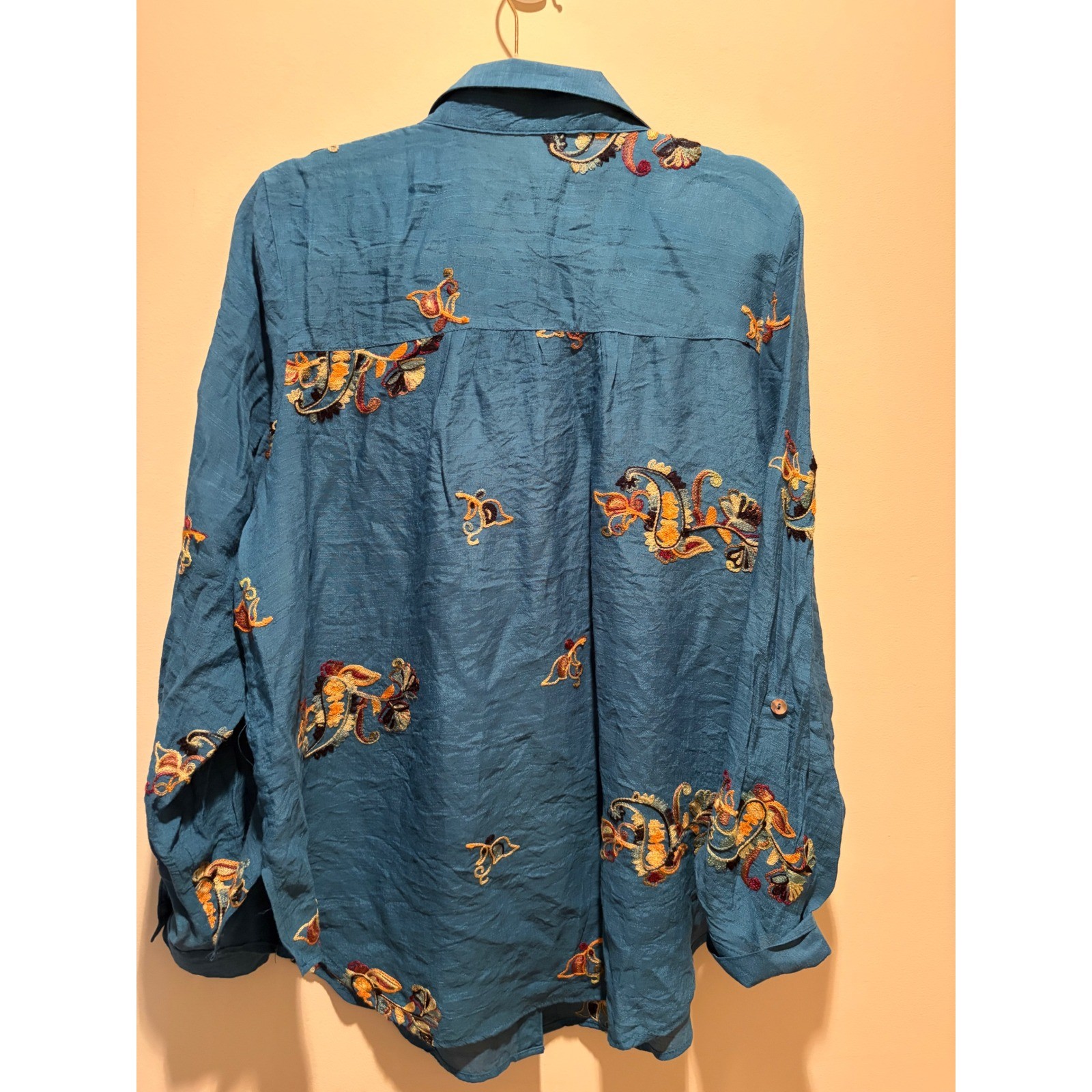 Fig and Flower Womens XL Teal Blue Embroidered Button Down Shirt Floral Boho Top