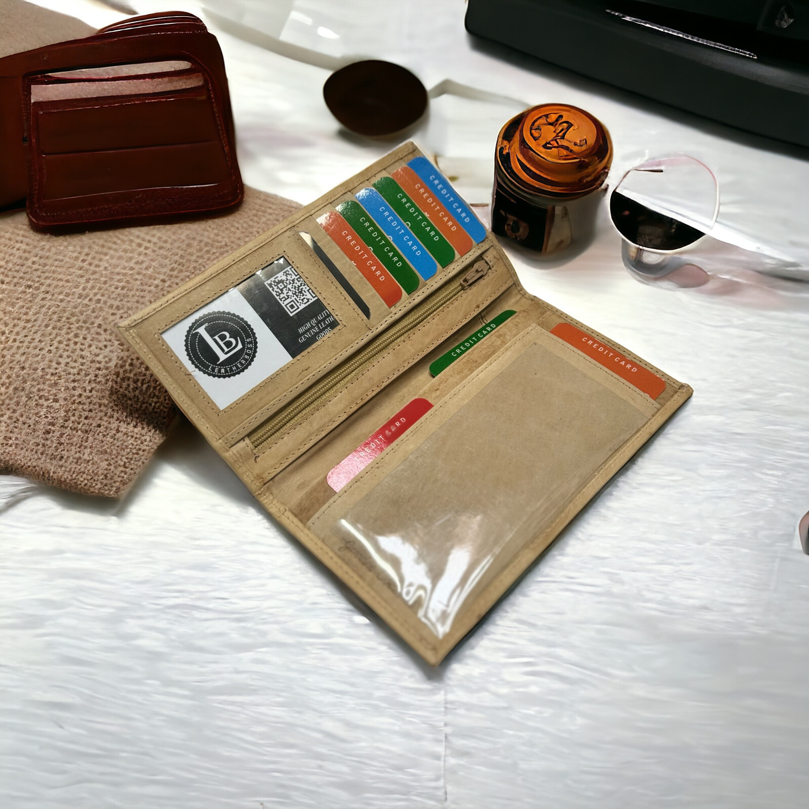RFID Leather Checkbook Cover With Credit Card Slots and Pen Holder