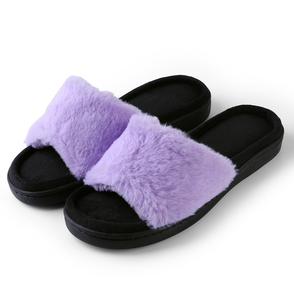 Aerusi Women Fuzzy Comfy Slide Open Toe Memroy Foam Slippers House Bedroom Shoes